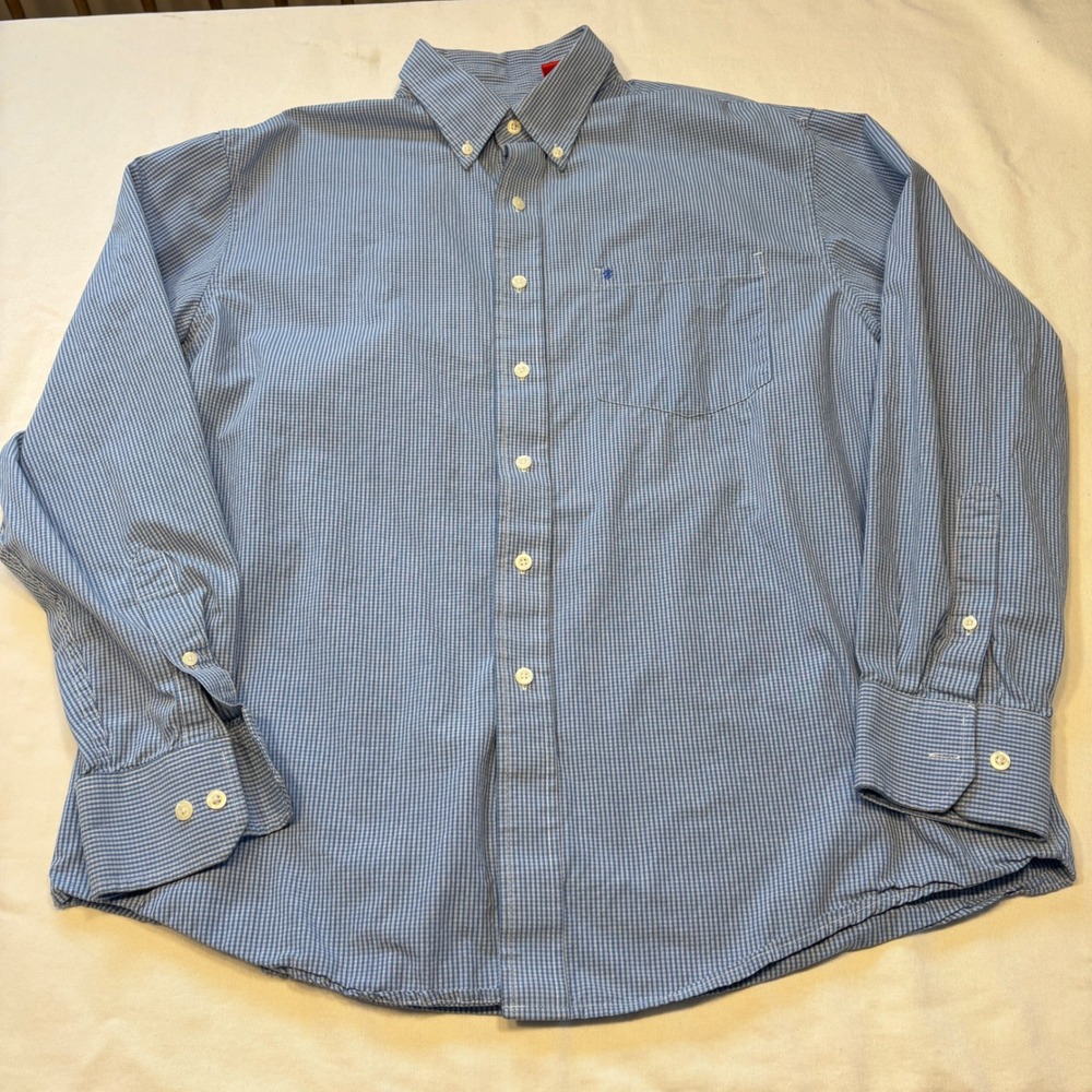 IZOD Mens Blue White Micro Check Cotton Button Down Shirt Large L‎ Long Sleeve